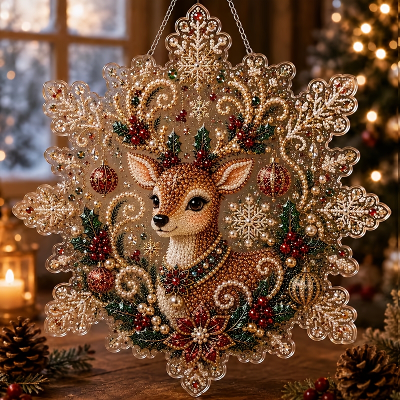 Christmas Pearl Diamond Painting Suncatcher Kit, Diy Craft | Pre-assembled Metal Chain, Acrylic Snowflake Shape Board With Lace Edge, 3d Mixed-sized Pearl Beads Craft
