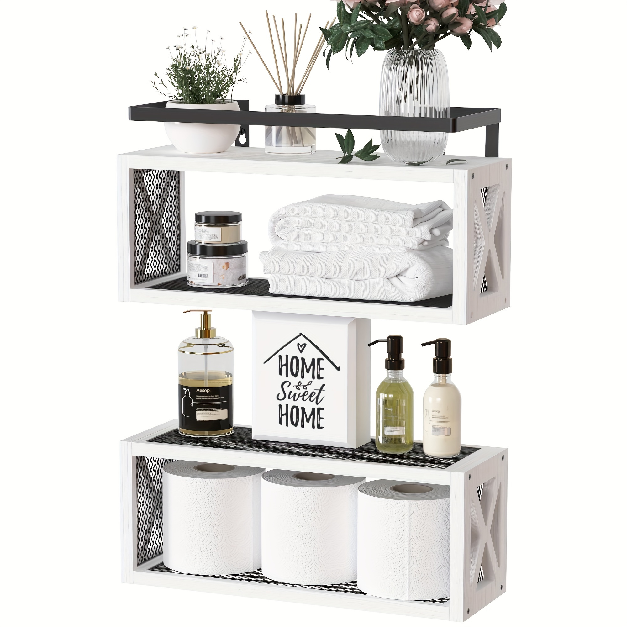 

House Floating Shelves With , Rustic Wood Shelves For Wall Décor, Farmhouse Bathroom Accessories Wall Mounted, Bathroom Wall Organizer Over Toilet Storage, Kitchen, Living Room - White