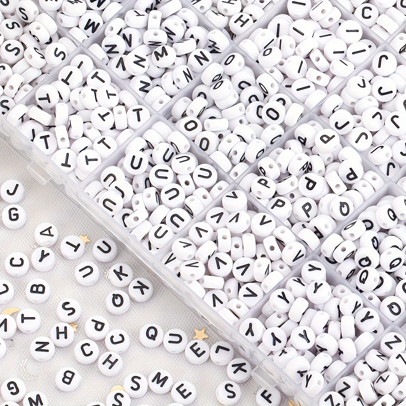 

2000/1000pcs White Round Black Letter Pattern Loose Beads, For Diy Bracelets Necklaces Keychains Jewelry Making