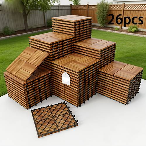10 26pack solid acacia wood interlocking patio deck tiles 12 x 12 indoor outdoor flooring tiles for balcony backyard poolside all weather use natural wood checker