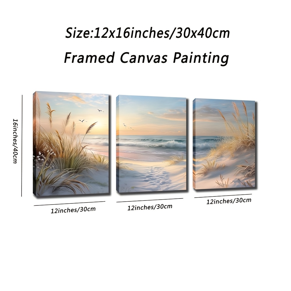 TEMU 2d Flat, 2d Flat, 3 Framed Seaside Paintings Featuring Sun, Ideal For Decorating Bedrooms, Yoga , Cafes, Hotels, Kitchens, And Bathrooms, In