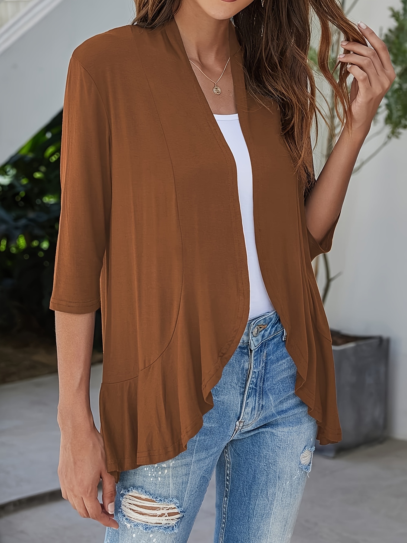 Open front ruffle cardigan sweater best sale