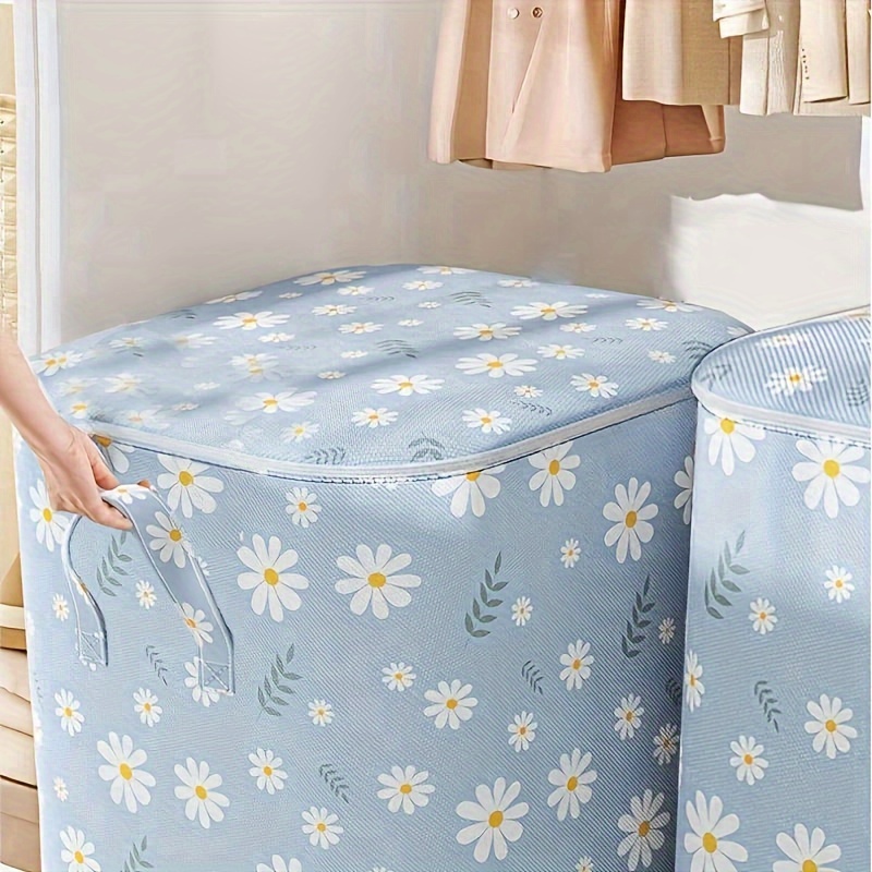 

Large Capacity Clothes Quilt Storage Organizer Bag, Foldable Daisy Print Wardrobe Box With Zipper, Home Tidy Up Solution For Clothing And Bedding