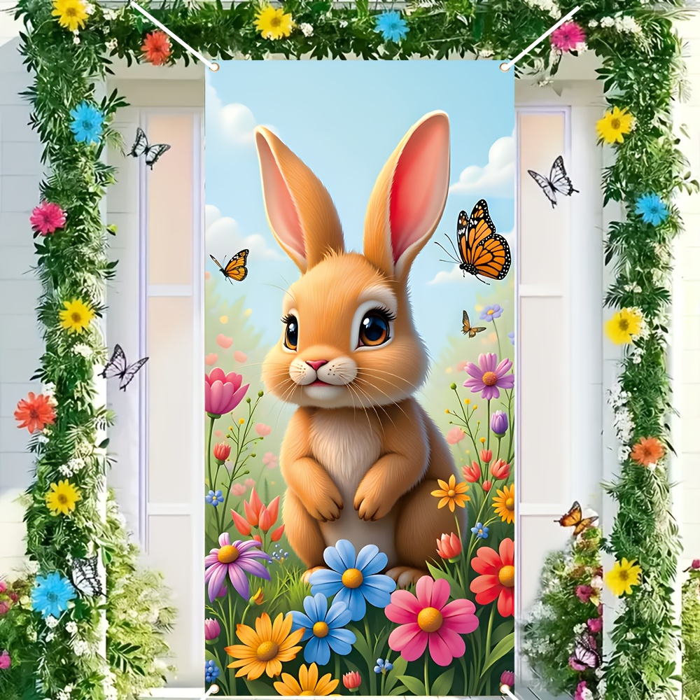 

1pc Vibrant Easter Bunny & Floral Porch Banner - 35.4" X " Polyester, Foldable & Washable Decoration Flag With Flowers & Butterflies, Outdoor Celebrations