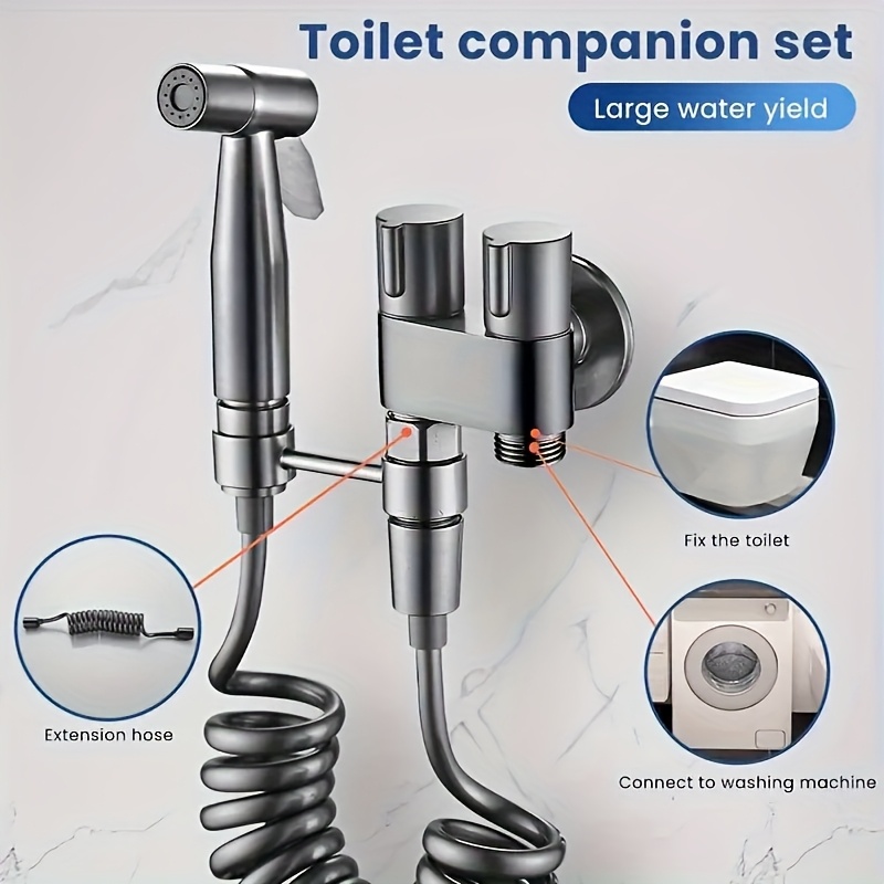 Handheld Toilet Companion Set, Wall-Mounted One-In-One Outlet Valve Kit with Stainless Steel Nozzle, Telescopic Hose and Stand