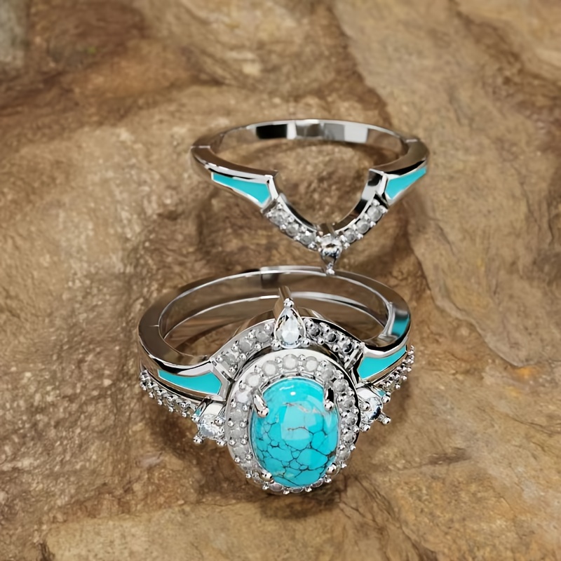 TEMU Bohemian Vintage Blue Synthetic Synthetic Zirconia 3pcs Women's Ring Set, Suitable For Parties, Banquets, And Various Occasions