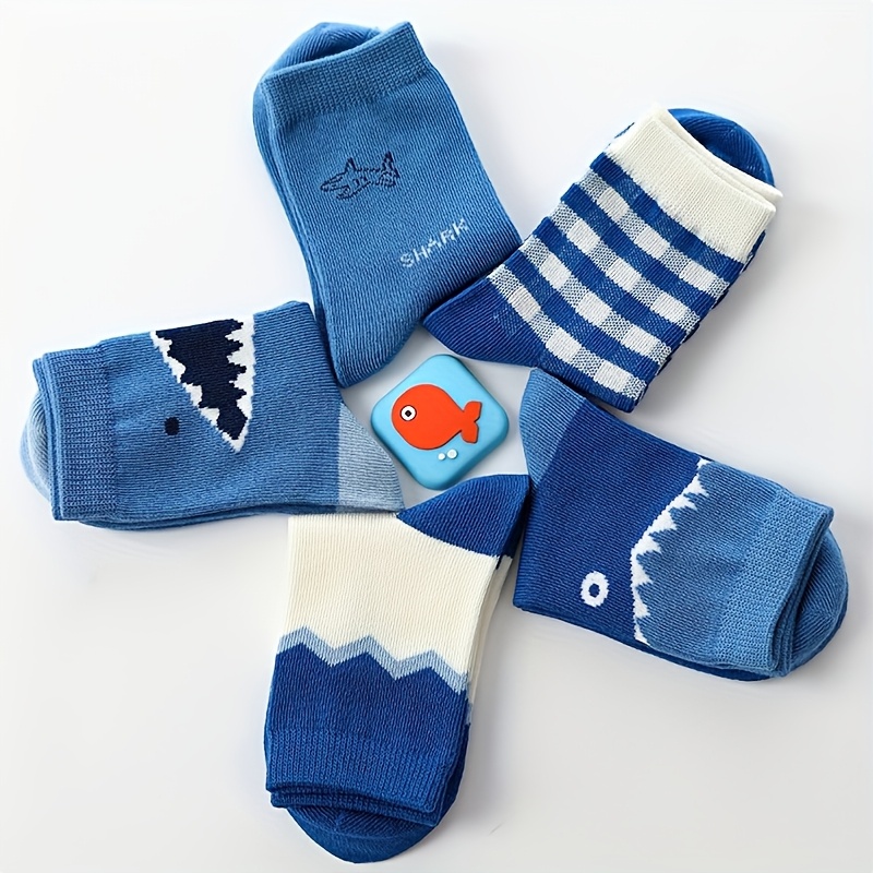 5 Pairs Of Fashionable Animal Shark Patterned Round Neck Socks For Boys, Breathable And Comfortable, Style Unisex Socks, Suitable For Boys To Wear Outdoors In ,halloween