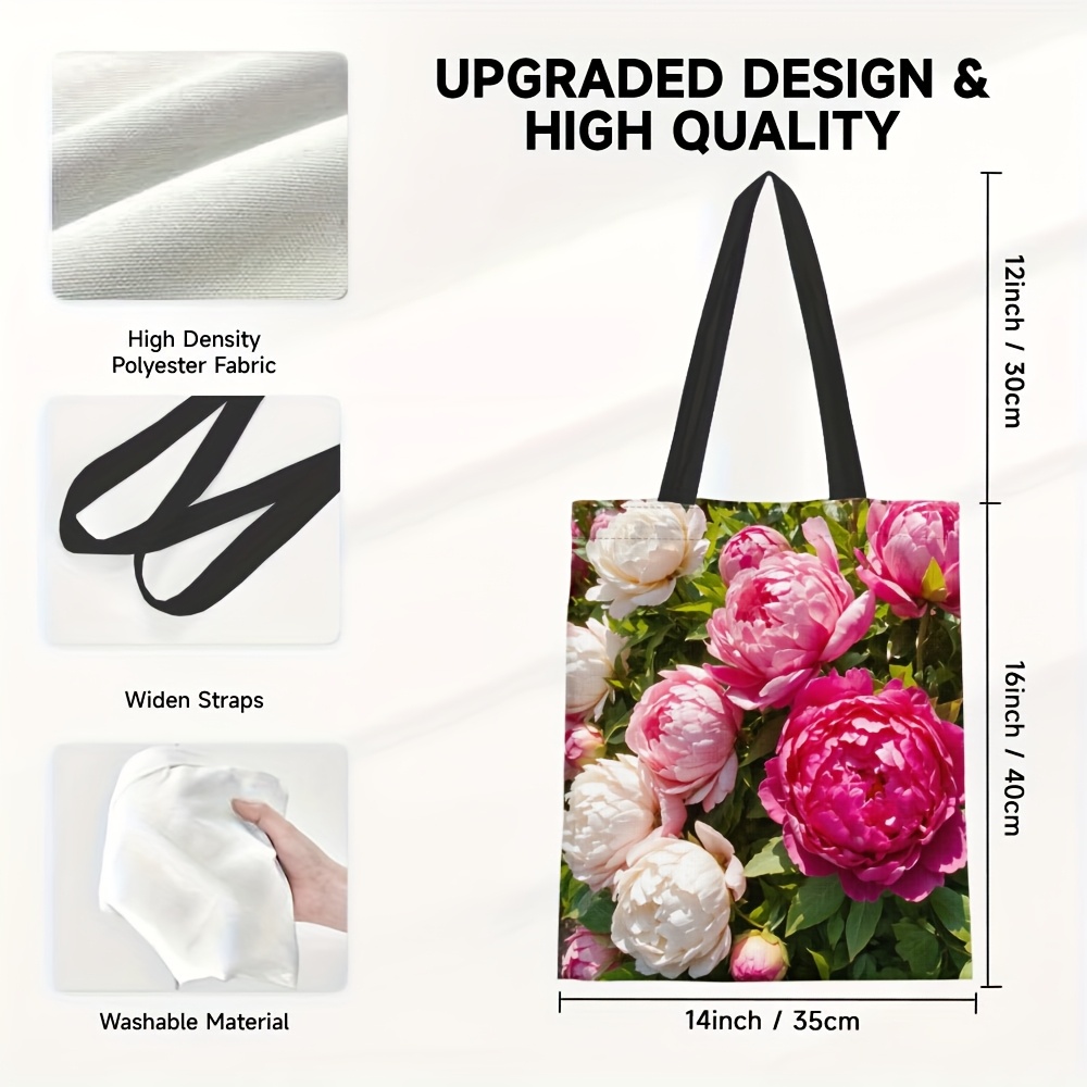 E-shop 1 Stück Damen Elegante Pfingstrosen-Blüten Tragetasche – Große faltbare Blumen-Schultertasche mit Pfingstrosen-Druck, Breiter bequemer