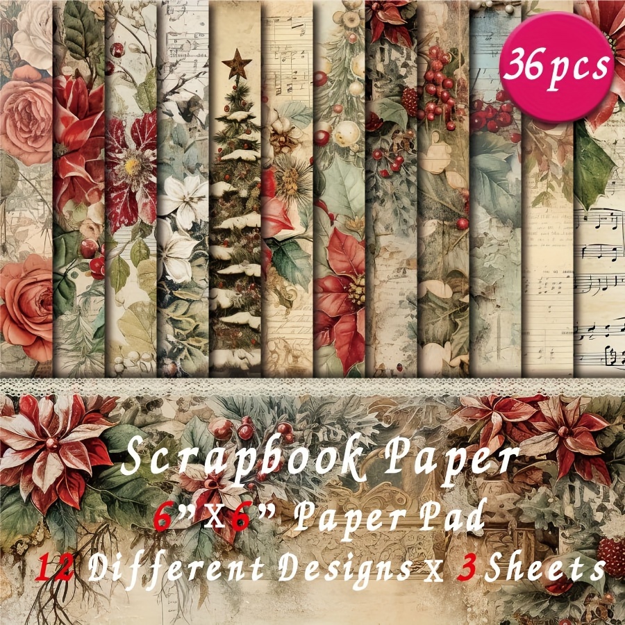 

36 Sheets Vintage Christmas Junk Journal Scrapbook Paper Pad, 6\"x6\" - Art Craft Pattern Paper For Scrapbooking, Diy Decorative Backgrounds, Card Making Supplies - Charm