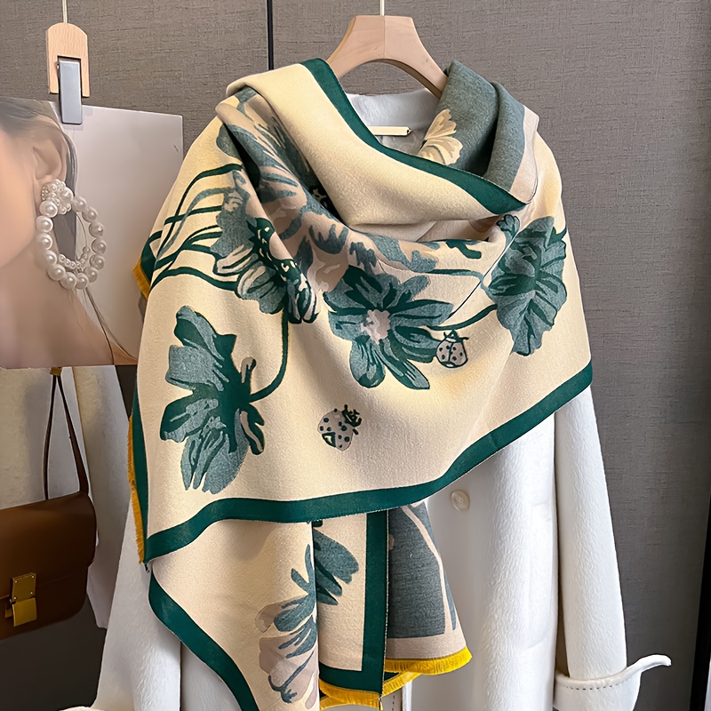 TEMU Women&;s Shawl Double-sided Printed Imitation Cashmere Scarf Thickened Autumn And Winter Warm Scarf Flower Shawl Headband Summer Air-conditioned