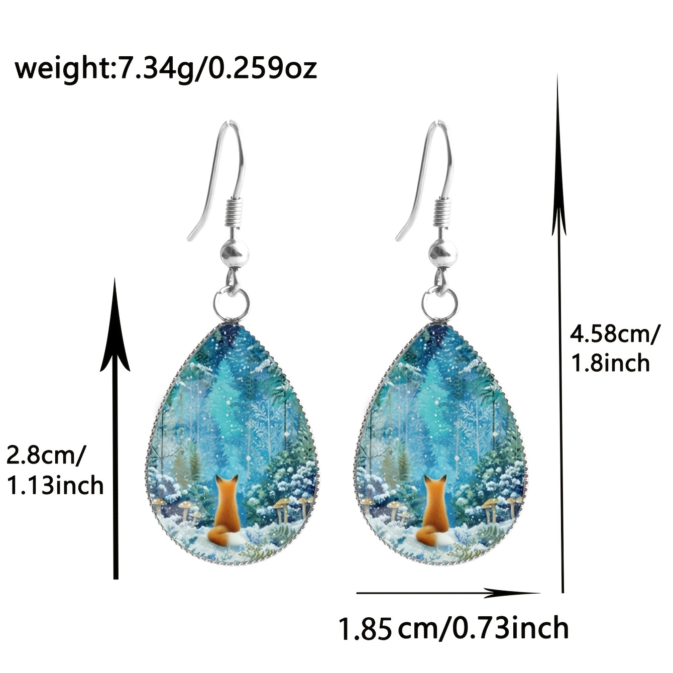 Winter Snowy Forest Red Fox Pattern Teardrop Earrings