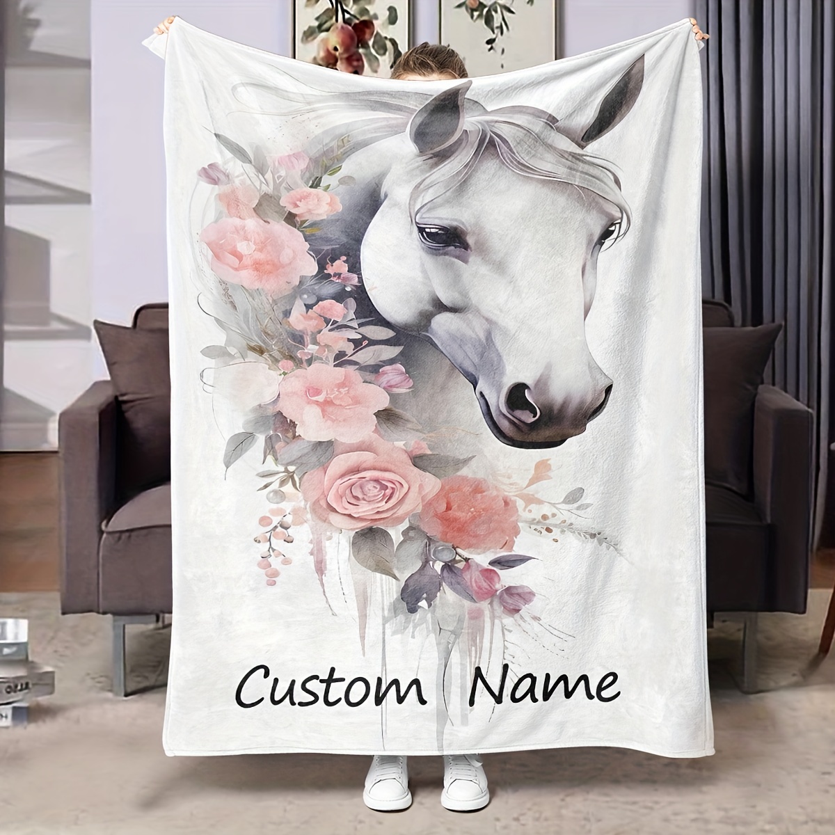 

Customizable Horse And Throw Blanket, Soft Warm Cozy Nap Blanket For Couch, Bed, Office, Shawl, Camping, And Travel - Flannel Knit Personalized Name Blanket, Perfect Gift - 1pc