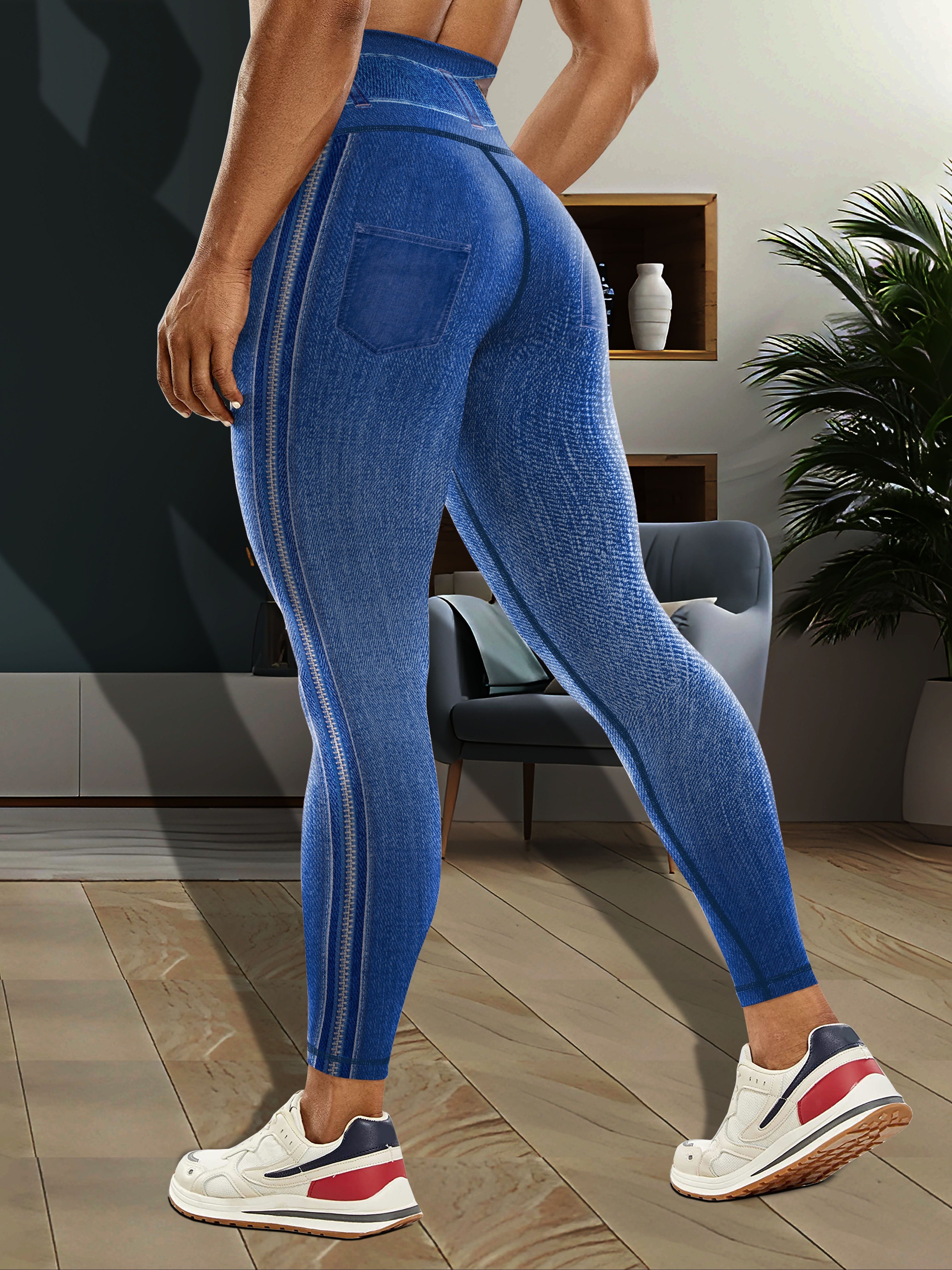 Simulation Jeans Faux Denim Print Yoga Leggings, High Waist Butt Lifting  Tummy Control Sports Tight Pants, Women's Activewear