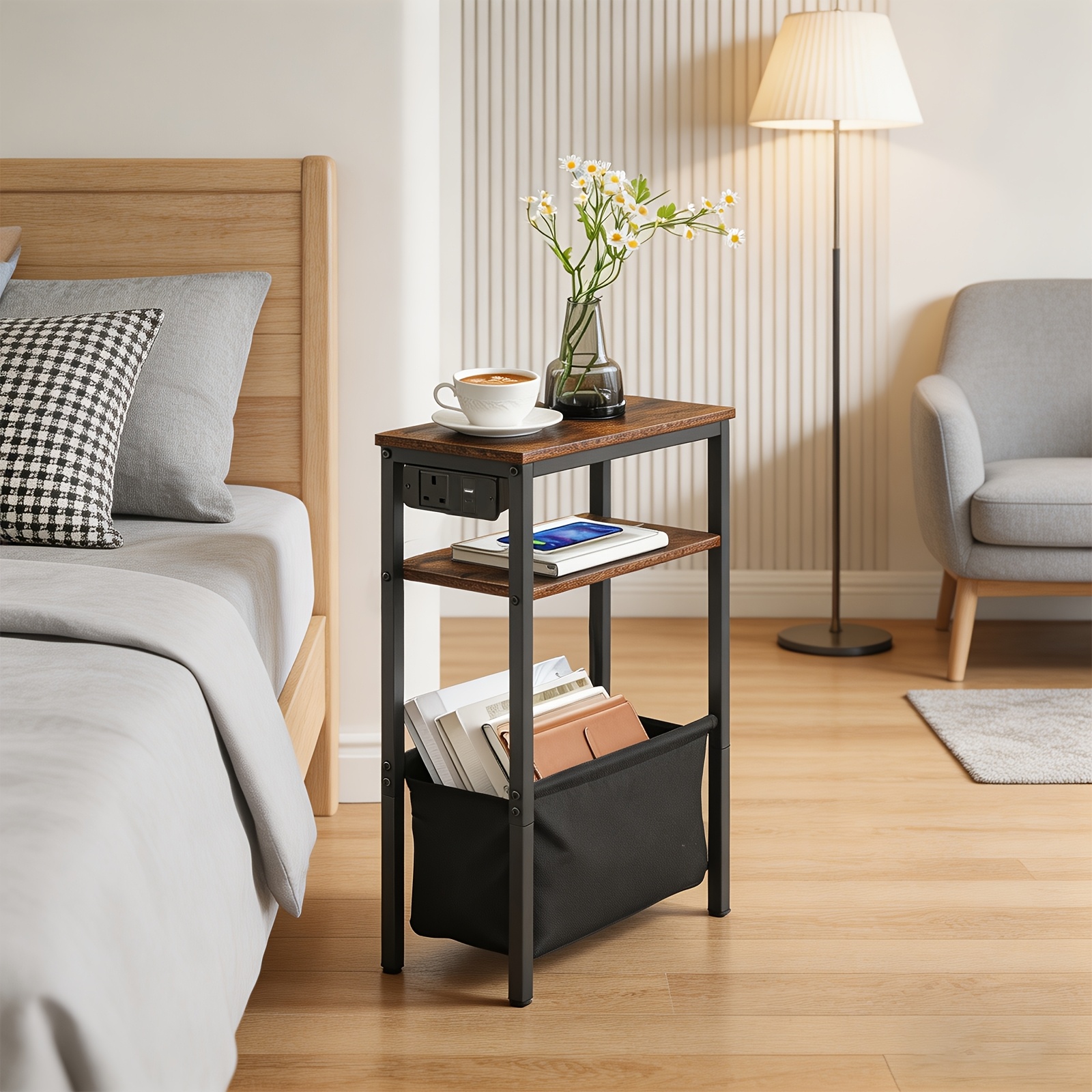 TEMU Slim Side Table With Charging Station, 3-tier Narrow Side Table, Skinny Bedside Table, End Table For Small Spaces, For Bedroom, Living Room,