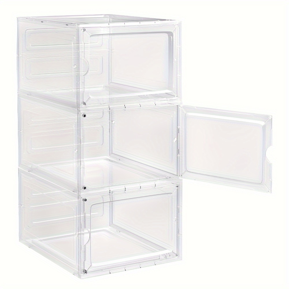 3pcs Shoe Box, Stackable Shoe Box, Shoe Box With Magnetic Door, Transparent Box Suitable For Size 46 Sports Shoes High Heels Toys, Made Of Plastic