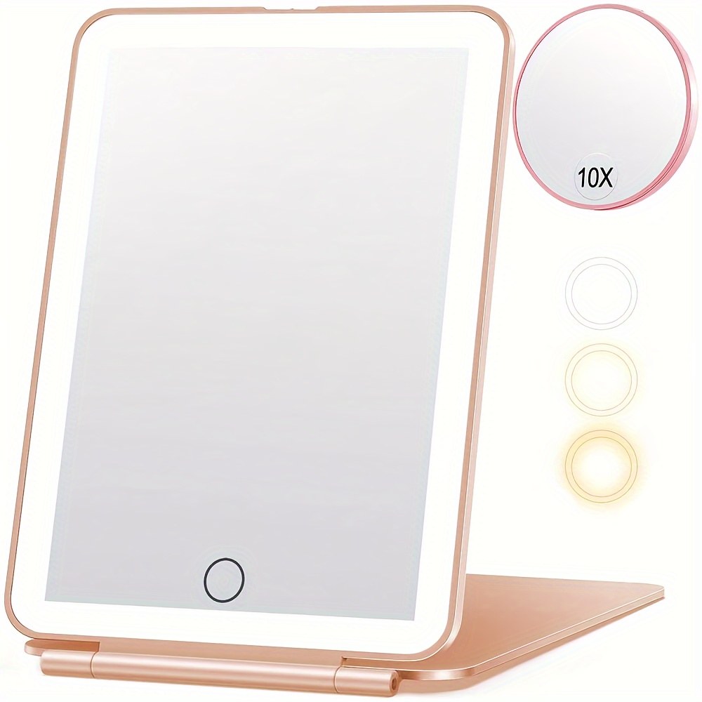 

Rechargeable Makeup Mirror For Travel With 10x Magnifying Mirror, Vanity Mirror With Led Lights, 3 Colors Light Modes, Dimmable Touch Screen, Pink
