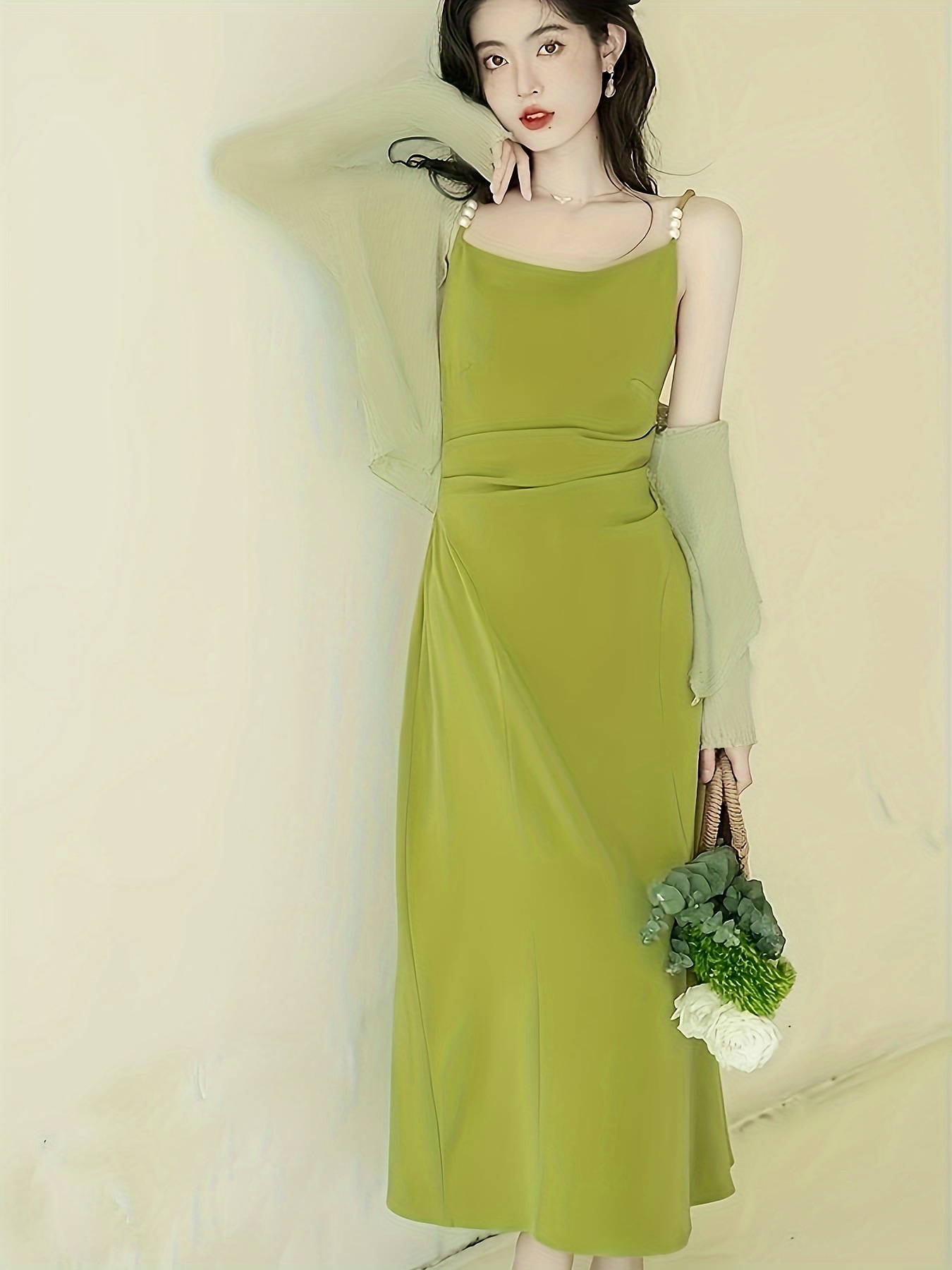 green dress cardigan Plus Size Cream Crop Cardigan Vintage Halter Dress Set – Pluspreorder main image 0