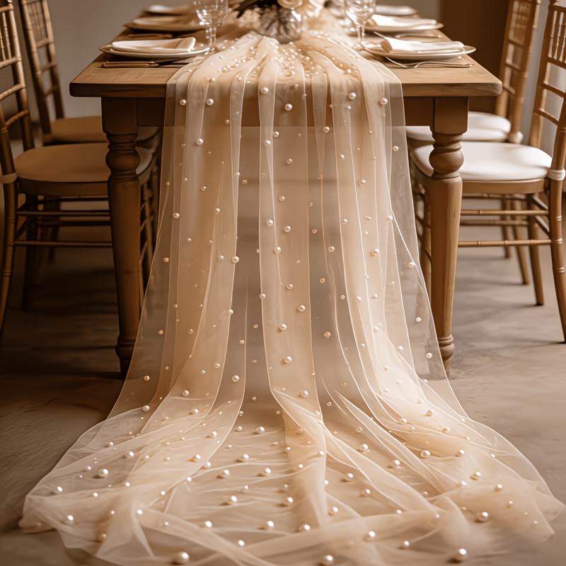 TEMU 1 Pak Sheer Pearl Sheeting Stoffen Tafelkleed - Luxe Draperie Geschikt voor Bruiloft, Valentijnsdag, Feestdecoratie - Elegant Tafelkleed,