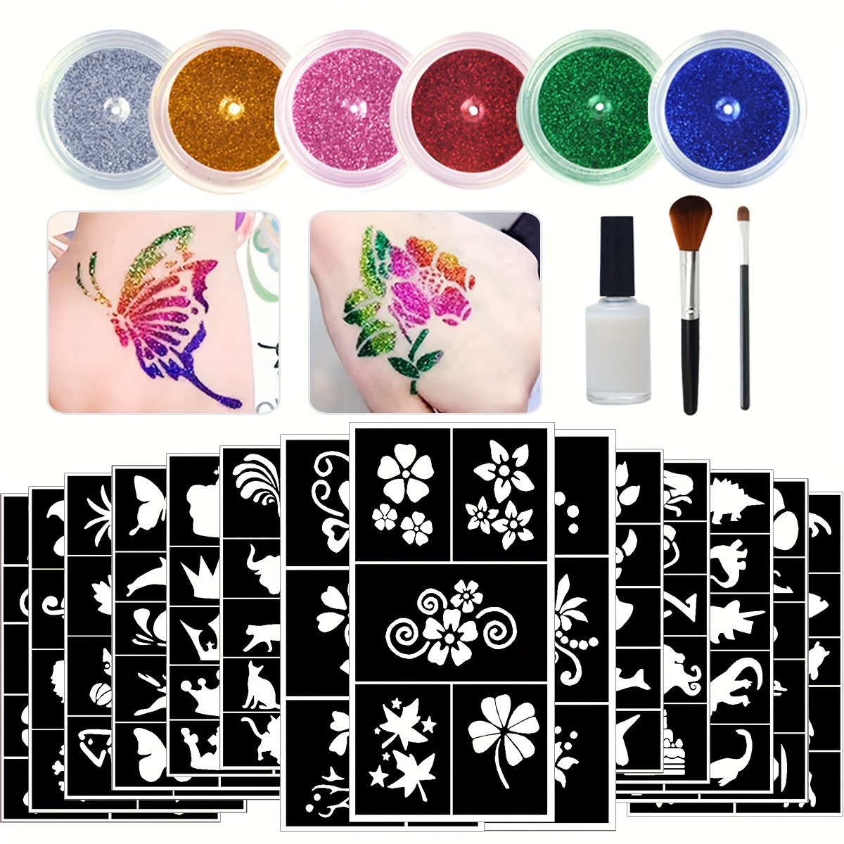 Temporary Glitter Tattoo Kit for Kids 30 Body Glitter 3 Glitter Glue 5  Sheets Tattoos Stencil 5 Pcs Makeup Brush 6 Fluorescent Powder 1 Sheets  Butterfly Temporary Tattoo Stickers 2 Sheets Rhinestone Stickers Set 3