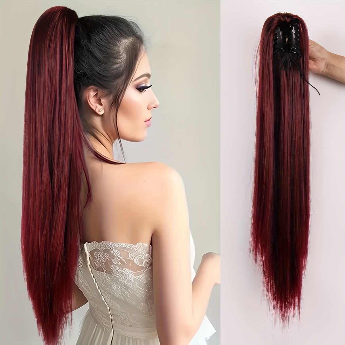 

26-inch Bone Straight Clip-in Ponytail Extension For Women - Heat Resistant Synthetic Fiber, Full Machine Made, & Parties