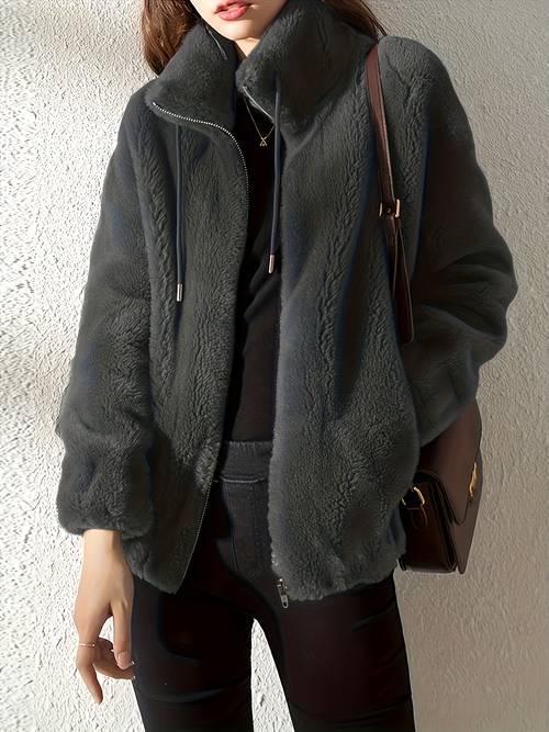 a plush jacket for women featuring a retro design with a stand up collar and zipper made from a soft and cozy material autumn and winter and for womens warm attire