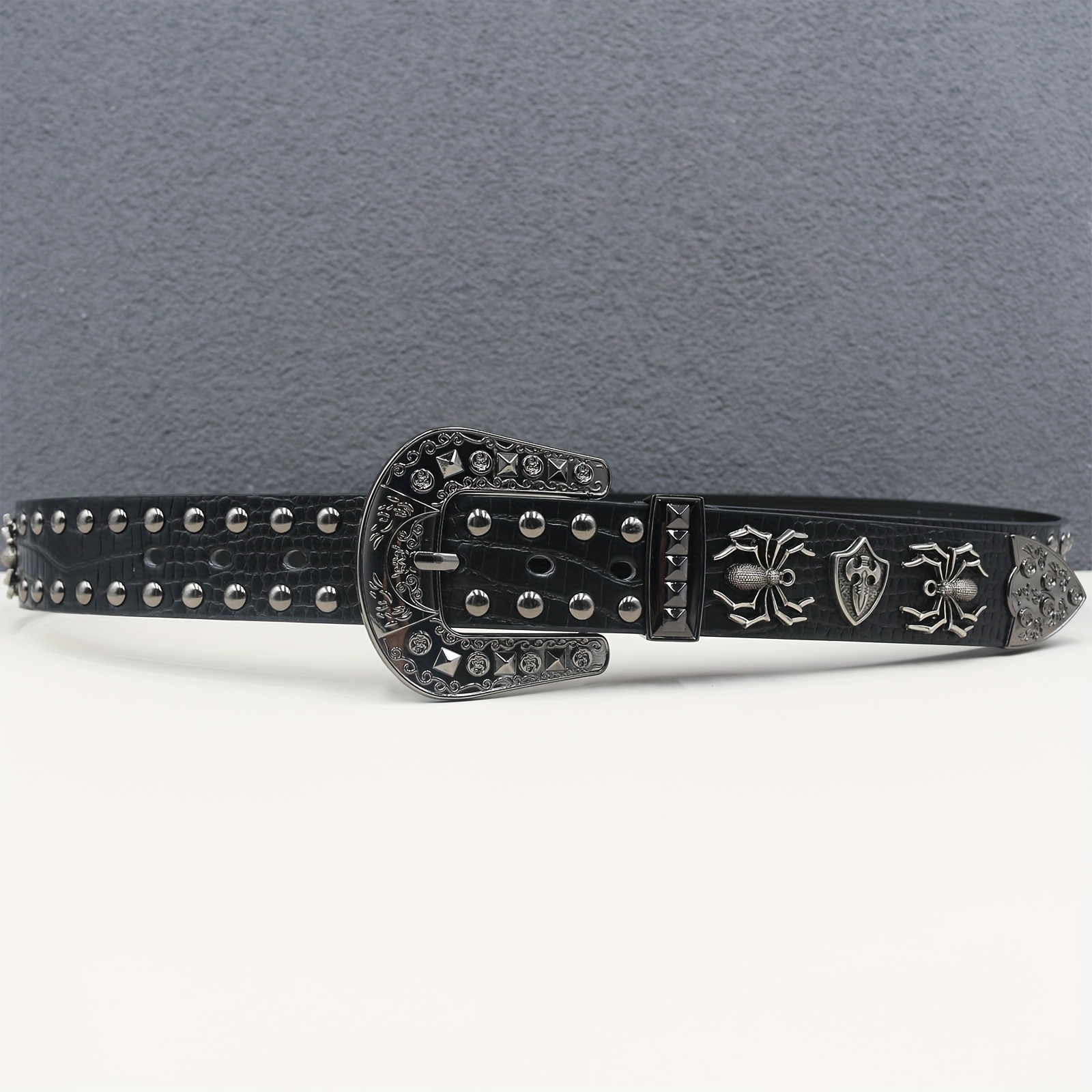 3D Spider Rivet Men Belt, Punk Style Crocodile Pattern