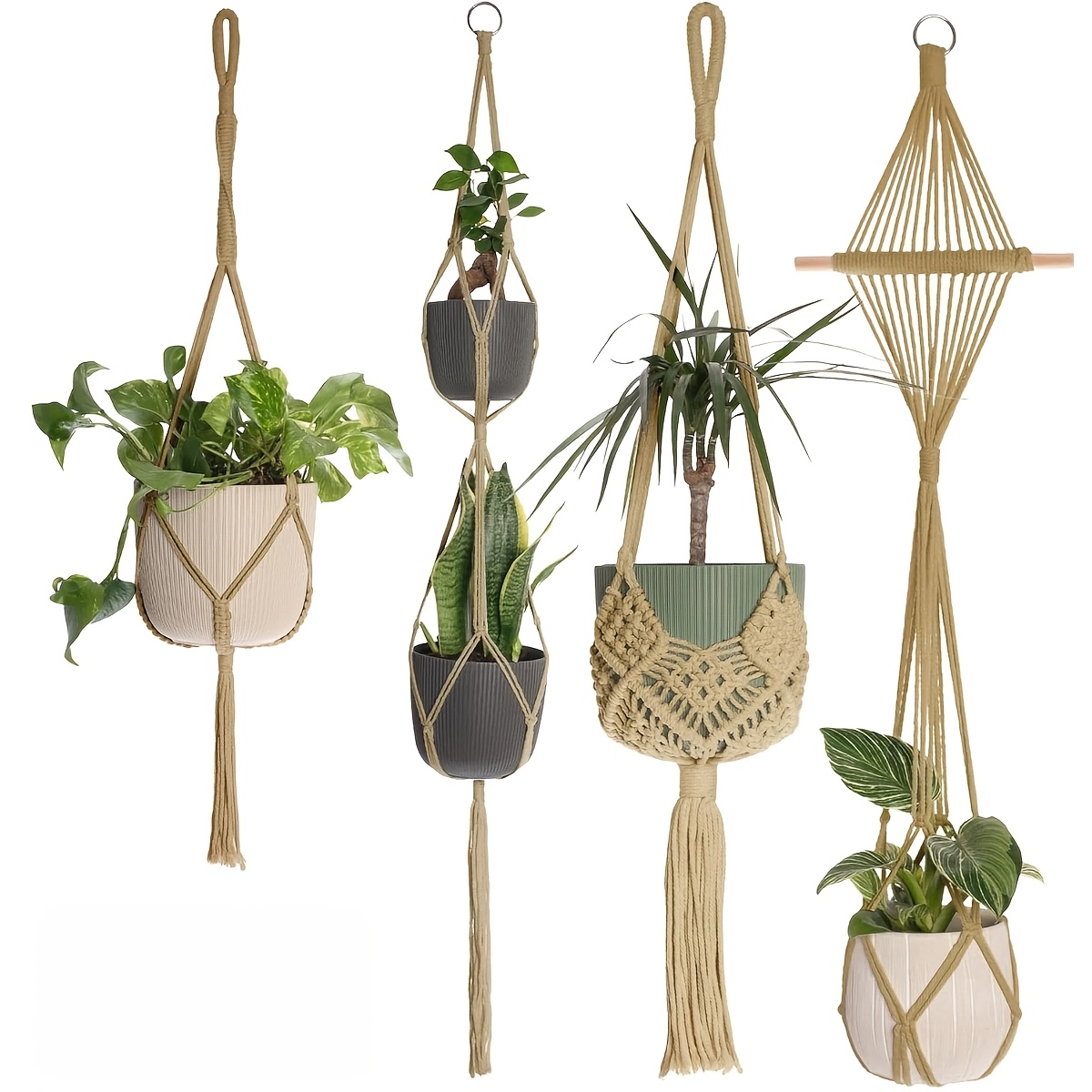 Makramee-Pflanzenhänger Mit 6 Beinen – Aus Jute & Baumwolle, 129,5 Cm, Für Drinnen & Draußen