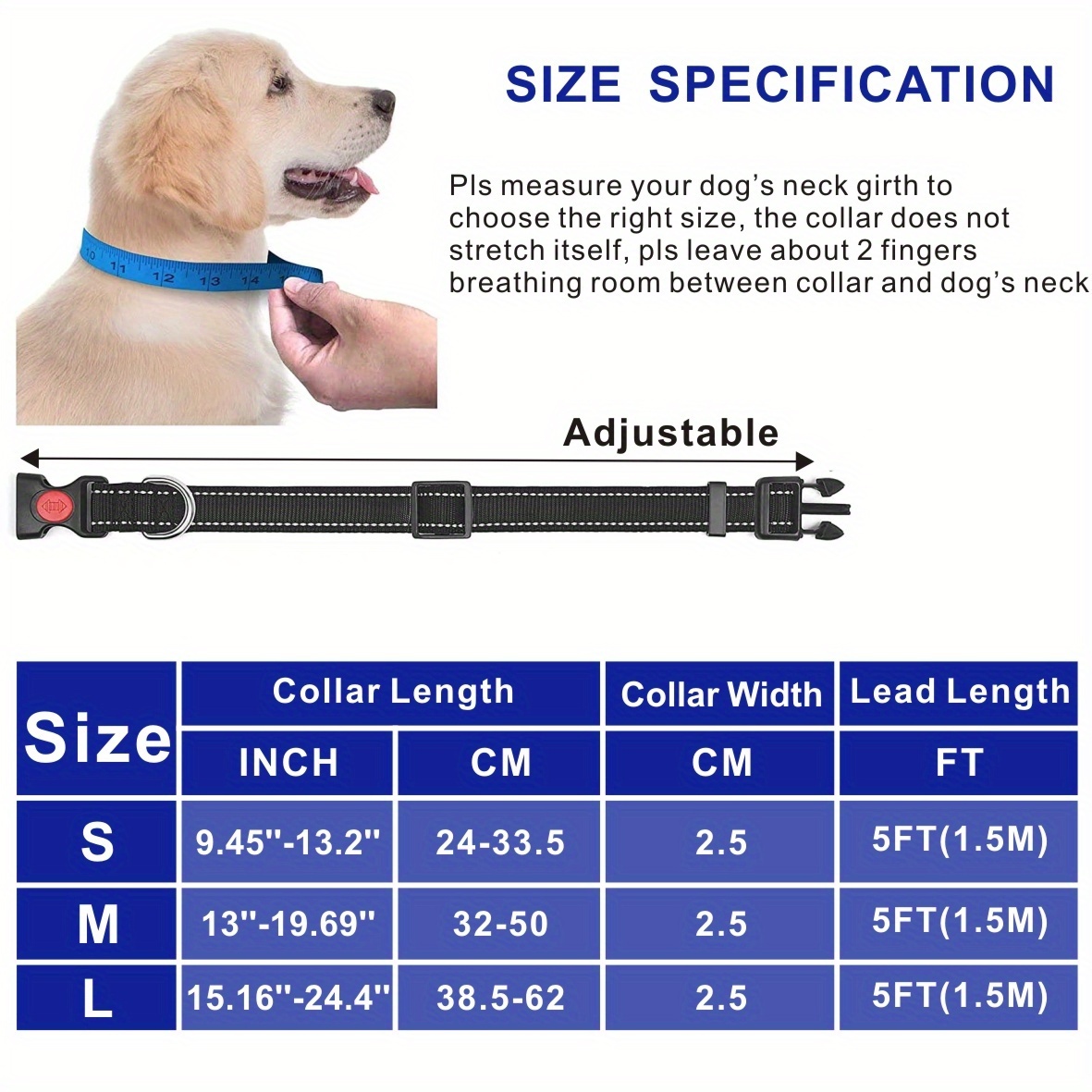 Reflective Breathable Dog Collar and Lead Set, Adjustable Leash