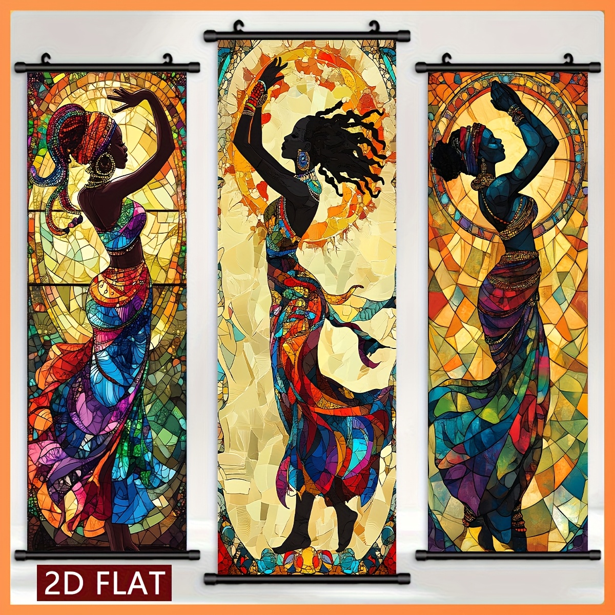 TEMU 2d/flat - 3pcs African Dancing Woman Hanging Canvas Poster With Plastic Scroll, Beautiful Mosaic Portrait Print For Home Office Bedroom Indoor