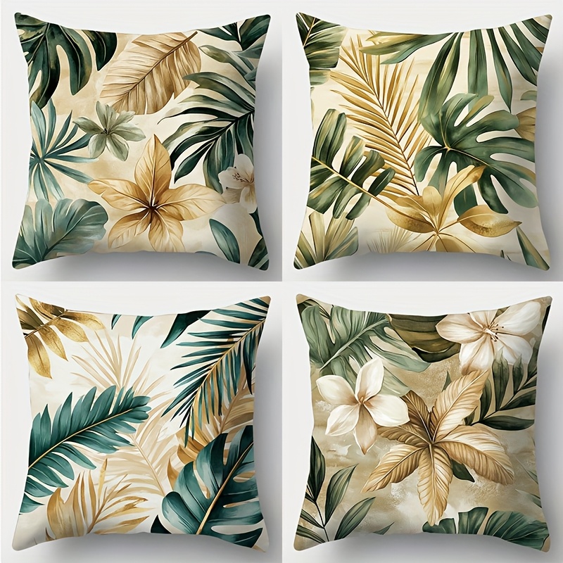 TEMU 4 piezas, fundas de almohada impresas, de hojas y flores , beige, tono verde, hojas y flores doradas, lujosa. Adecuadas para reuniones ,