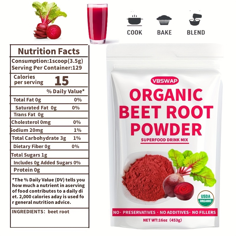 Organic Beetroot Powder 1 lb Natural Beetroot Juice Concentrate for Salads, Beverages, Baking, and Milkshakes