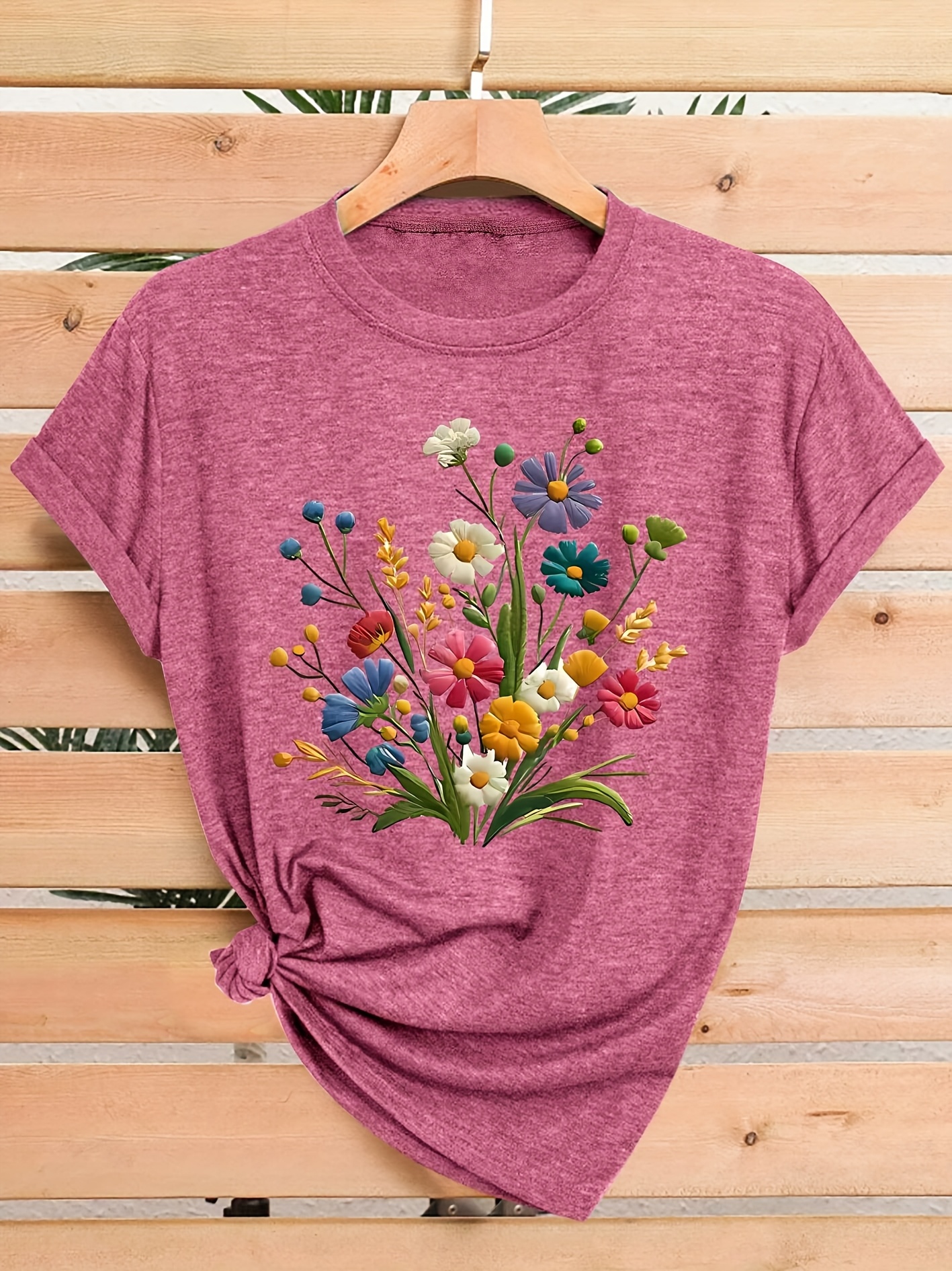 womens floral print t shirt casual crew neck short sleeve top medium stretch fabric vintage style with colorful   sizes s xxl Product details 2
