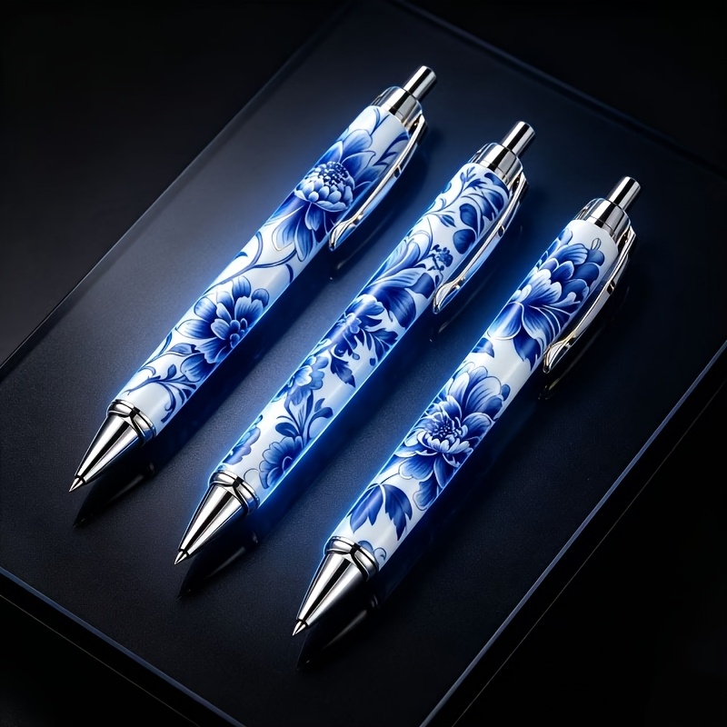 TEMU 3pcs Blue And White Porcelain Style Pens, Blue And White Peony Floral Pattern Ballpoint Pens, New Chinese Pens, Student Office Collection