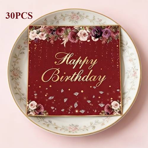20 30 red birthday theme decorative napkins with golden fonts and floral patterns and purple floral patterns are suitable for birthday party table decoration ceremonies afternoon tea and decorative napkins