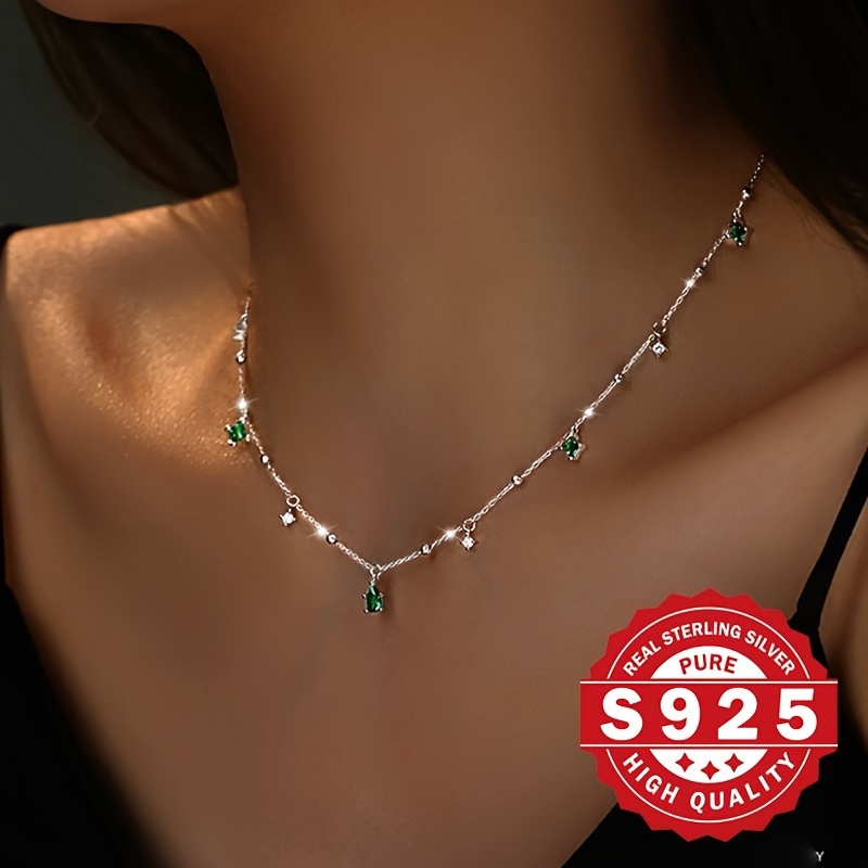 

's Geometric Green Zirconia Necklace, S925 Pure Silvery, Geometric Square Drop Artificial Zirconia, Unique And , Sexy And Beautiful, Suitable For Gift , Low Allergy 2.85g