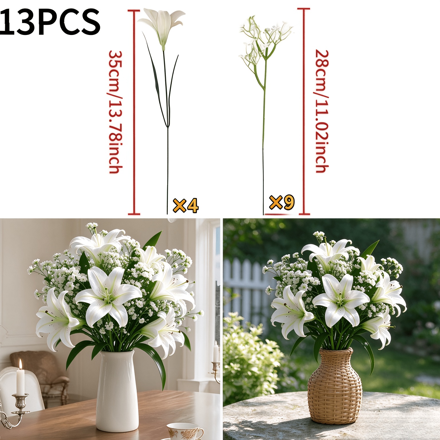 TEMU 13pcs Fleurs artificielles de haute qualité, élégantes et grandes, bouquet 'S Breath, décoration, fleurs artificielles pour salon, ajouts de