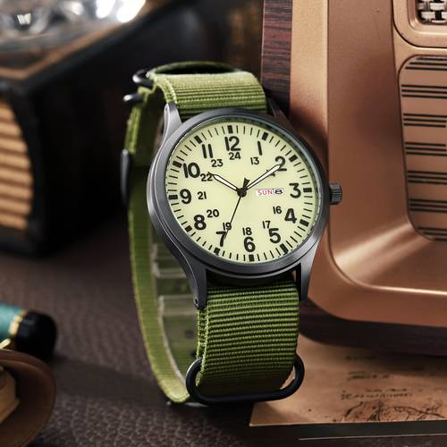 military mens quartz watch round case green nylon strap 24 hour scale calendar luminous dial used for casual gifts