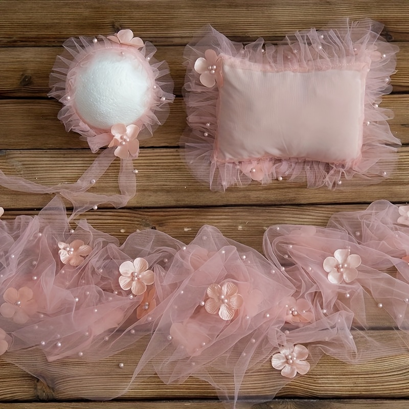 Image of 3pcs Keepsake Gift Box Set Photography Decoration Set Lace Pearl Swaddle Flower Hat And Pillow For Girl Photography Gift