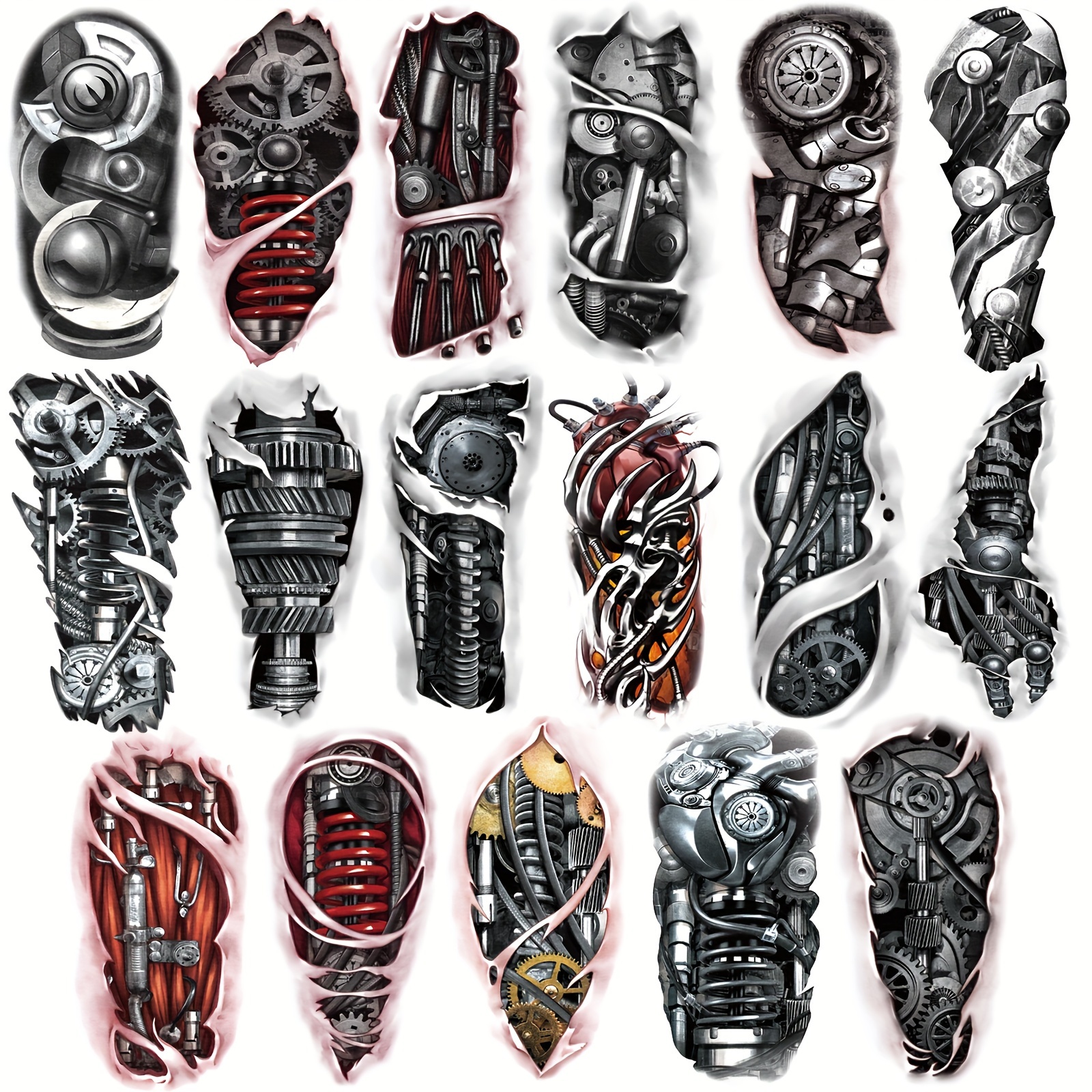 Image of 17 Sheets Waterproof Tattoo Mechanical Temporary Tattoos Men Women Large Half Arm Robot Adult Realistic Fake Tattoo