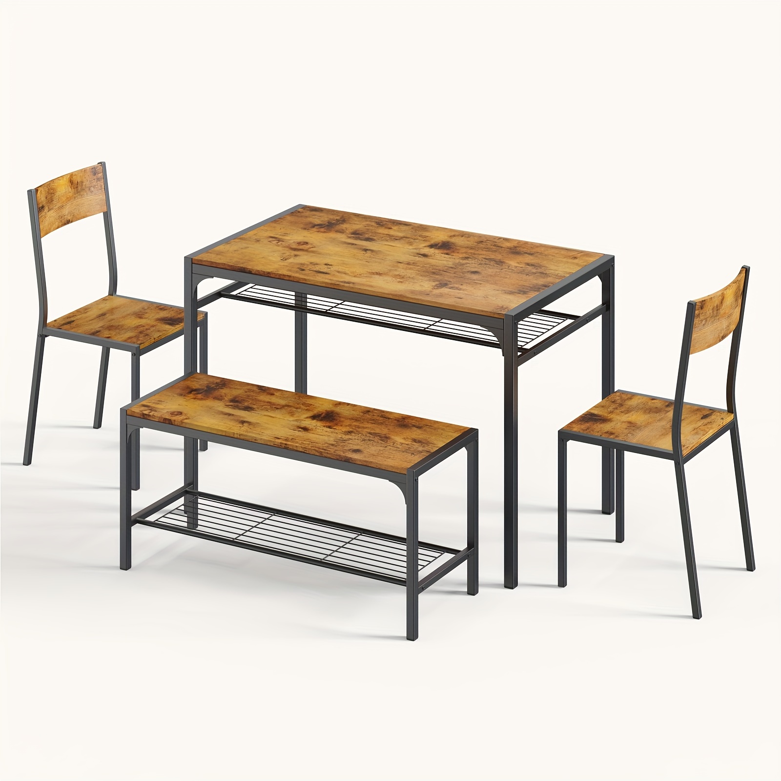 Kitchen Table Set For 4 With Bench & 2 Stools - Dining Set With Storage Shelves For Small Spaces