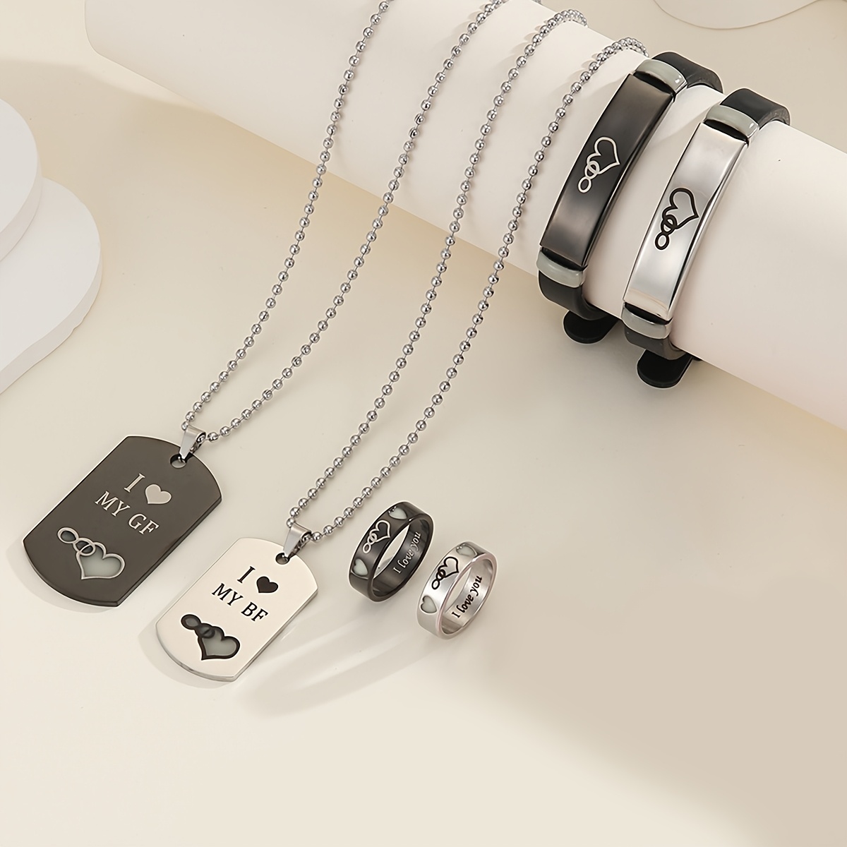 6pcs/Set Cute *-Shaped My BF&GF Couple Necklace, Bracelet, Ring  Promise Gift Jewelry for Women, Daily