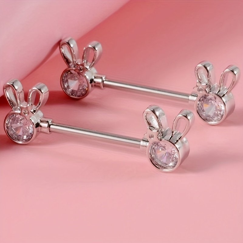 

2pcs/set Cubic Zirconia Decor Rabbit Design Ring Unisex Stainless Steel Crystal Punk Piercing - A Fashionable Body Jewelry Gift For Any