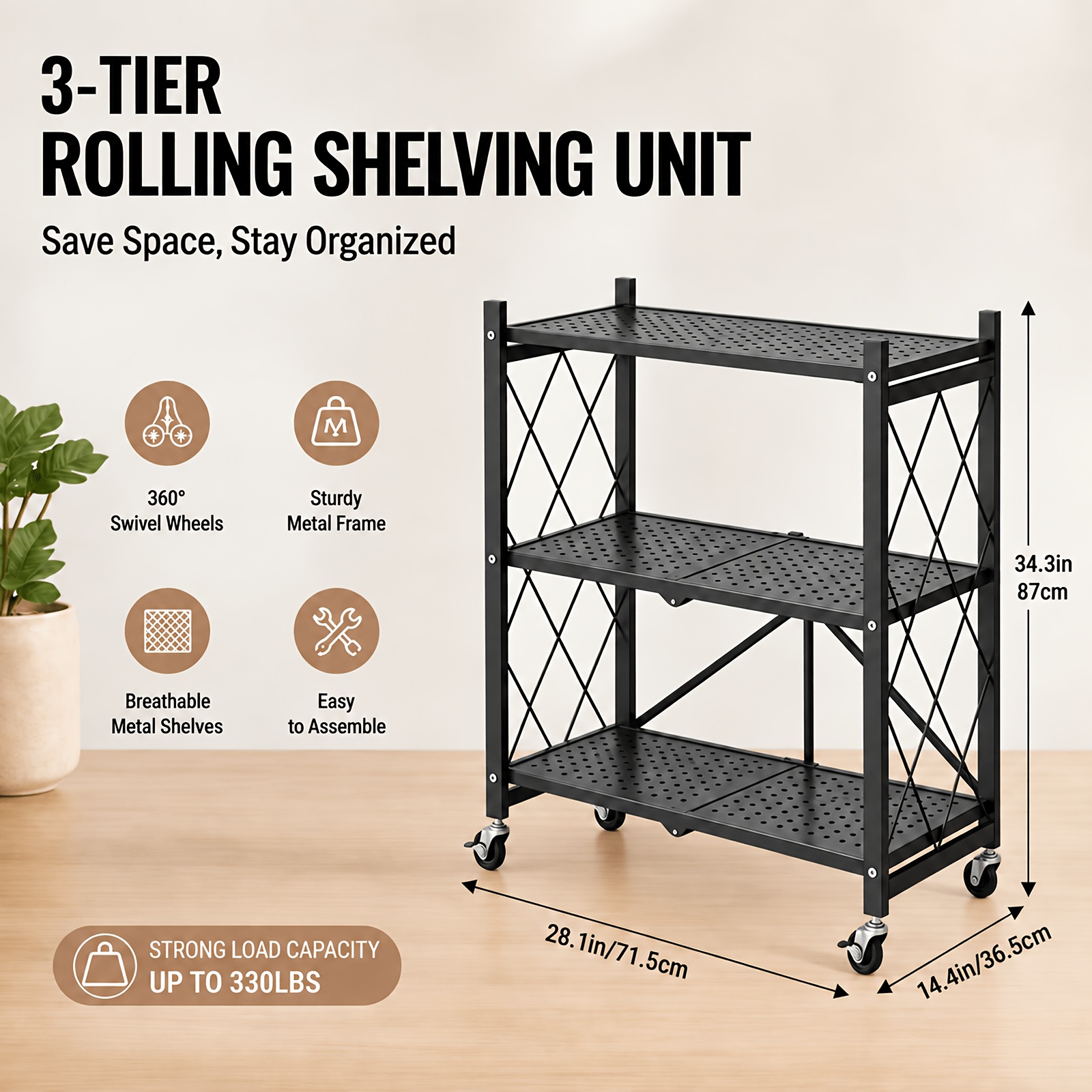 TEMU 3-tier Heavy-duty Folding Storage Rack With Wheels () Spacious Vertical Storage, Durable Materials, No , And Stable; Suitable For Dining Rooms,