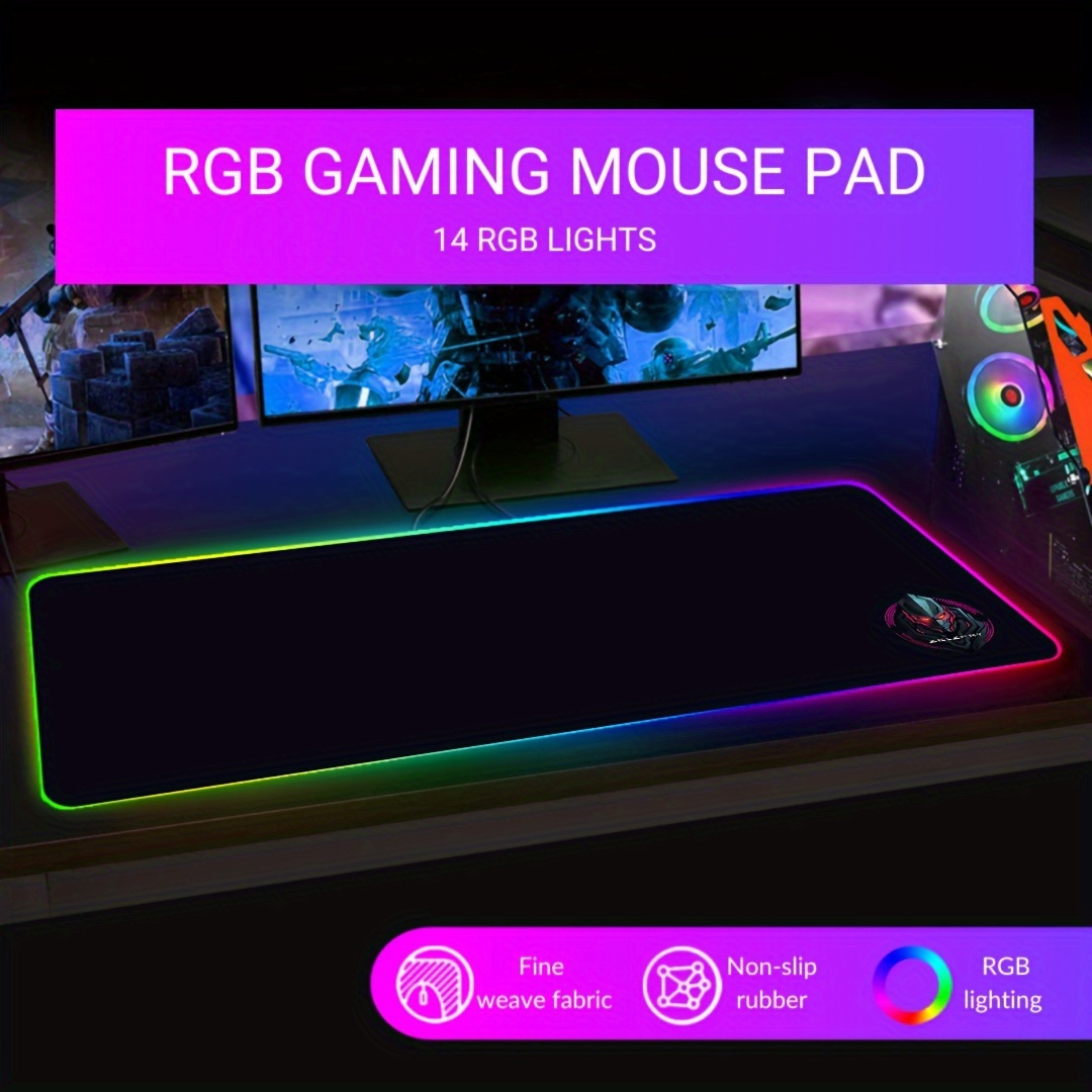 RGB LED Gaming Mouse Pad with 14 Lighting Modes, Large Extended Illuminated Keyboard Mat, Non-Slip Synthetic Rubber Base, Stitched Edges, Fine Weave Fabric Surface for Professional Gamers
