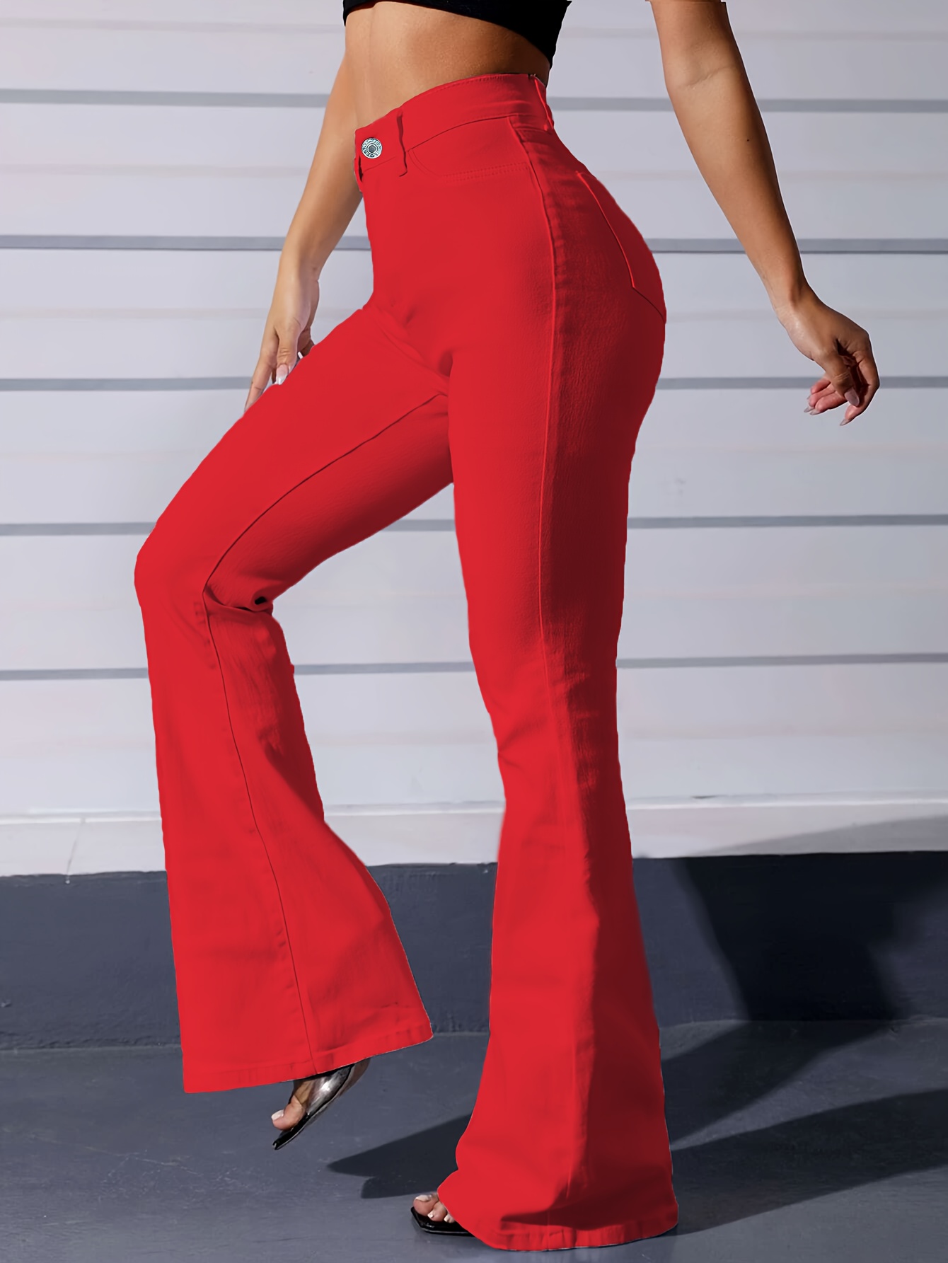 plain red flare leg bell bottom stylish jeans Temu United Arab