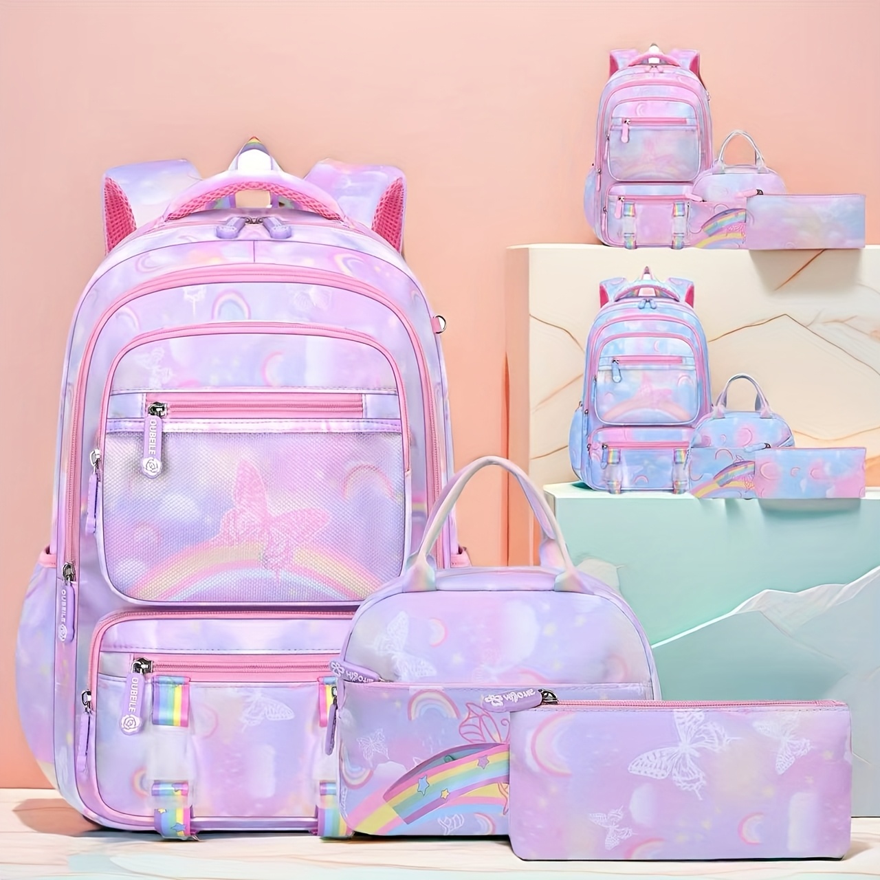 Mädchen-Rucksack Set – Mit Federmäppchen & Anhänger, 42x30x17 Cm, Regenbogen-Design – Für Schule, Kindergarten, Reisen