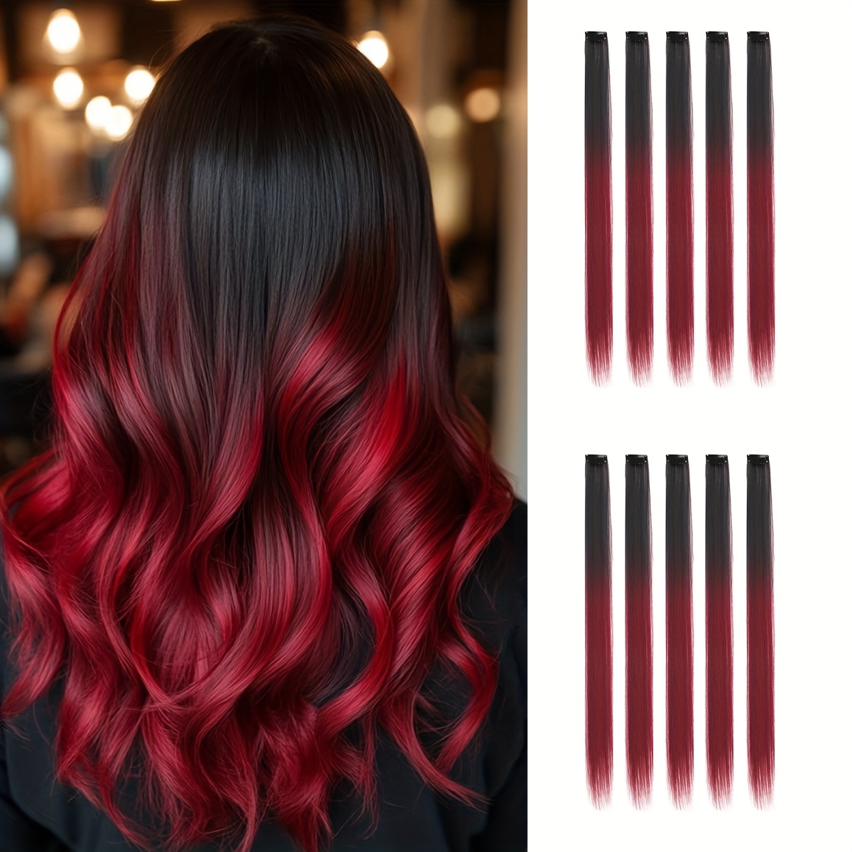 E-shop 10 Stück pro Packung, 20-Zoll bunte Perücken in Farbtönen von Gelb, Braun, Weiß, Blau, Rot und Grau. Clip-In glatte Haarverlängerungen für