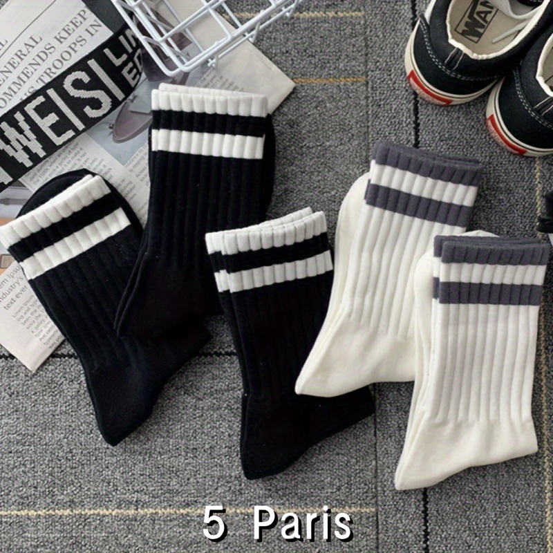 

5 Pairs Striped Pattern Socks, Simple & Casual All- Mid Tube Socks For Fall & Winter, Women's Stockings & Hosiery