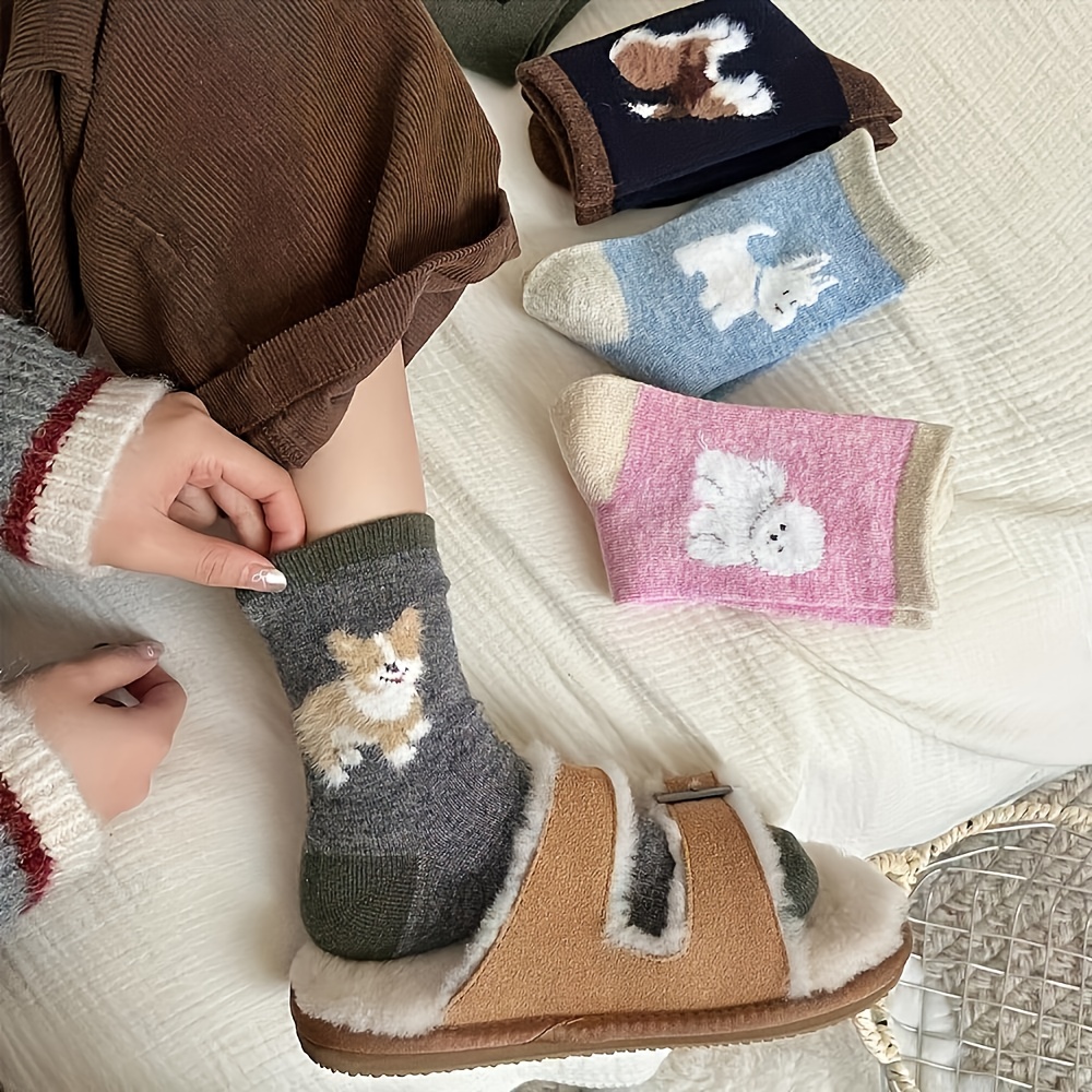 Image of 4 Pairs Of Cartoon Plush Dog Pattern Socks - Comfortable Winter Socks With Colorful Contrast And Lining, Stretchable Polyester, Unisex, Hand Wash/