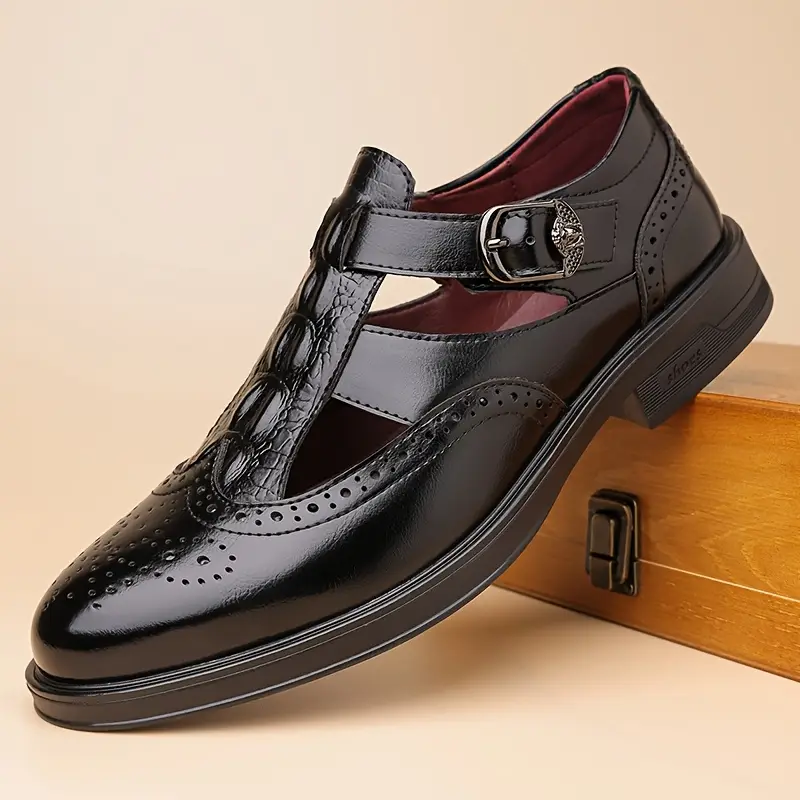 mens stylish perforated wingtip sandals casual slip on loafers with straps brown breathable design for casual attire versatile loafers fashionable sandals polished Product details 3